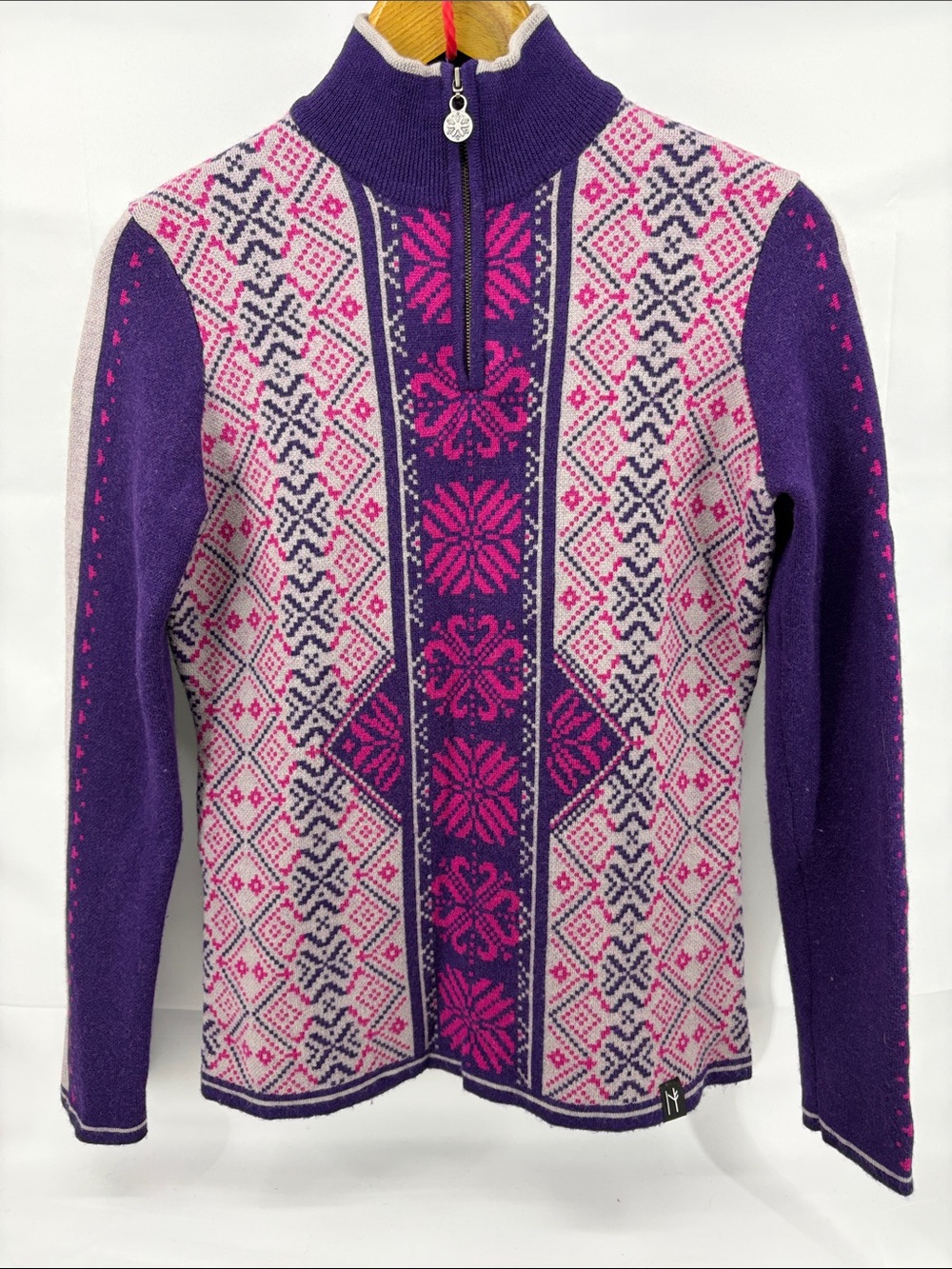Neve Womens Nordic Patterned Quarter-Zip 100% Wool Sweater Mock-Neck, sz M